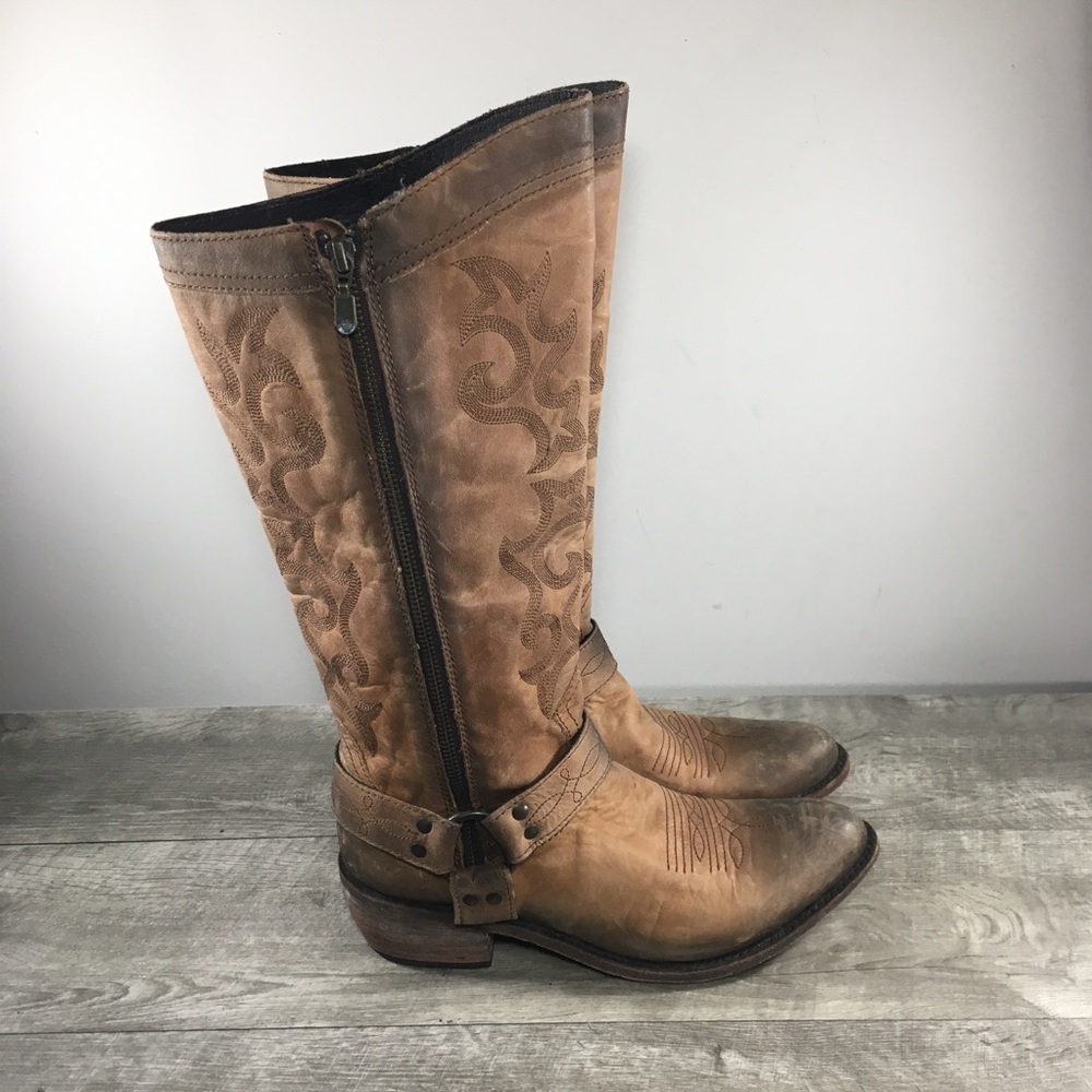 Women Liberty Black Canela Embroidered Cowboy Western Moto Biker Boots Size 10.5